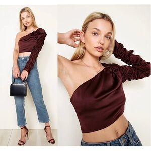 THE EAST ORDER Chocolate Brown Satin One Shoulder Ruched Long Sleeve Crop Top M‎